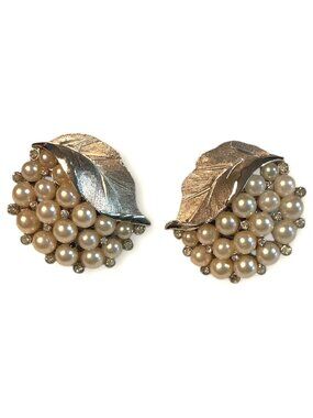 Vintage Crown Trifari Clip-On Earrings With Faux Pearl & Rhinestone Cluster  Lea